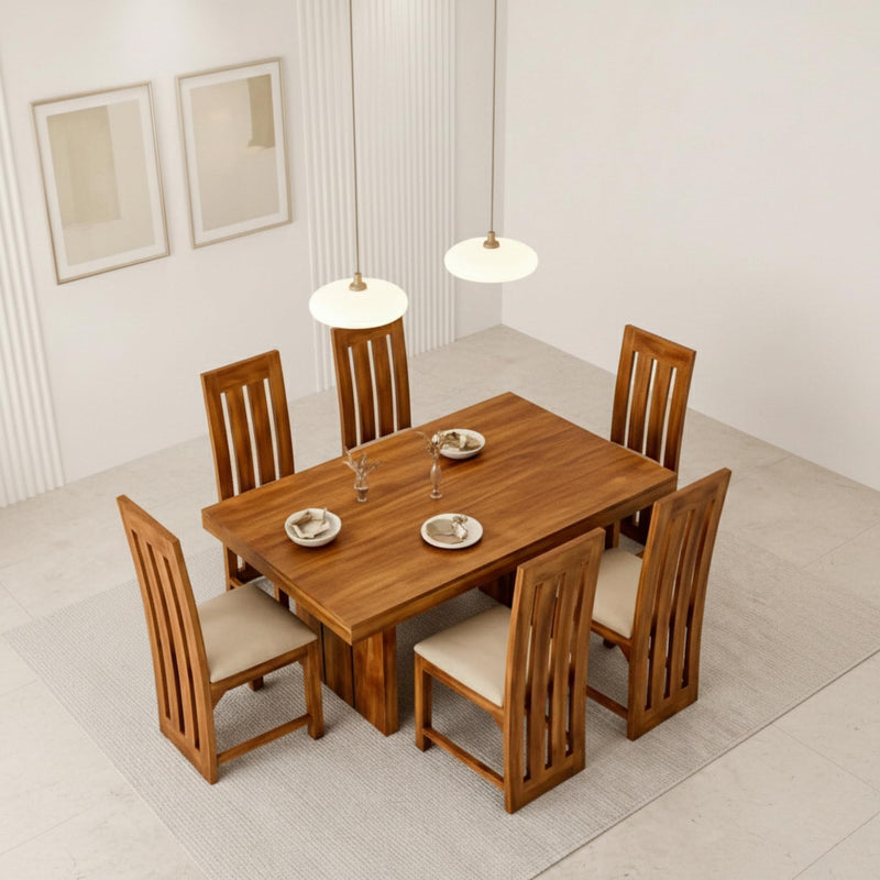 Poster Cushion Solid Sheesham Wood 6 Seater Dining Table Set - Natural Finish