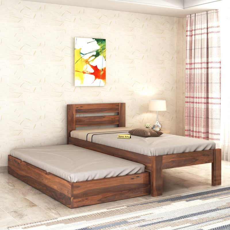 Eros Solid Sheesham Wood Single Size Trundle Bed - Natural Finish