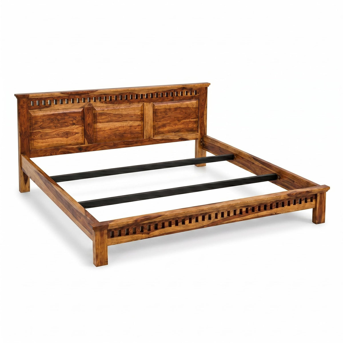 Kuber Platform bed Solid Sheesham Wood King Size Bed without Storage in natural finish - styled in a bedroom