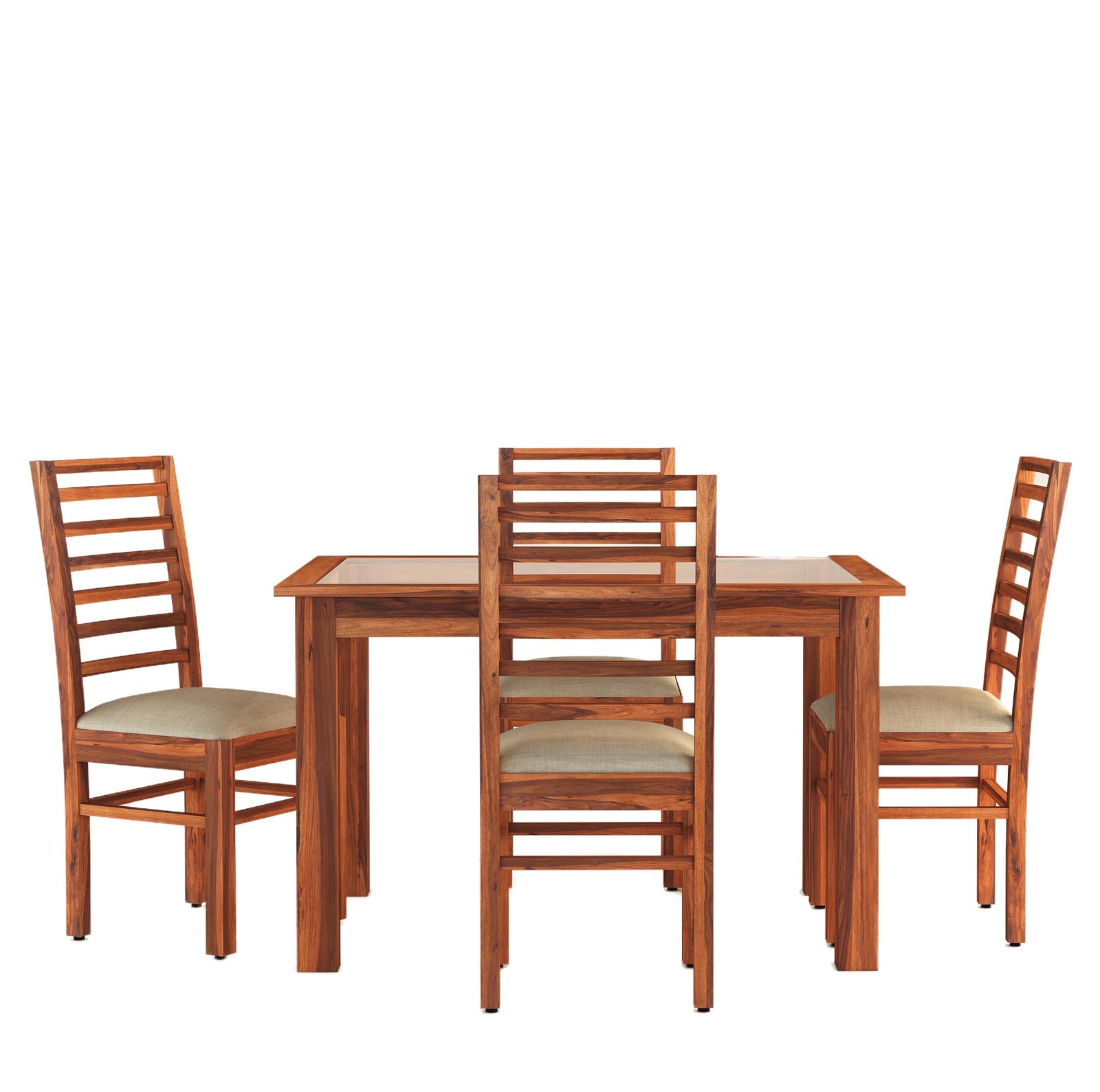 Luxe Solid Sheesham Wood Dining Table 4 Seater Dining Table Set with 4 Cushion Chairs & Glass - Natural Finish