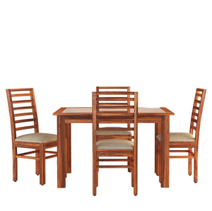 Luxe Solid Sheesham Wood Dining Table 4 Seater Dining Table Set with 4 Cushion Chairs & Glass - Natural Finish