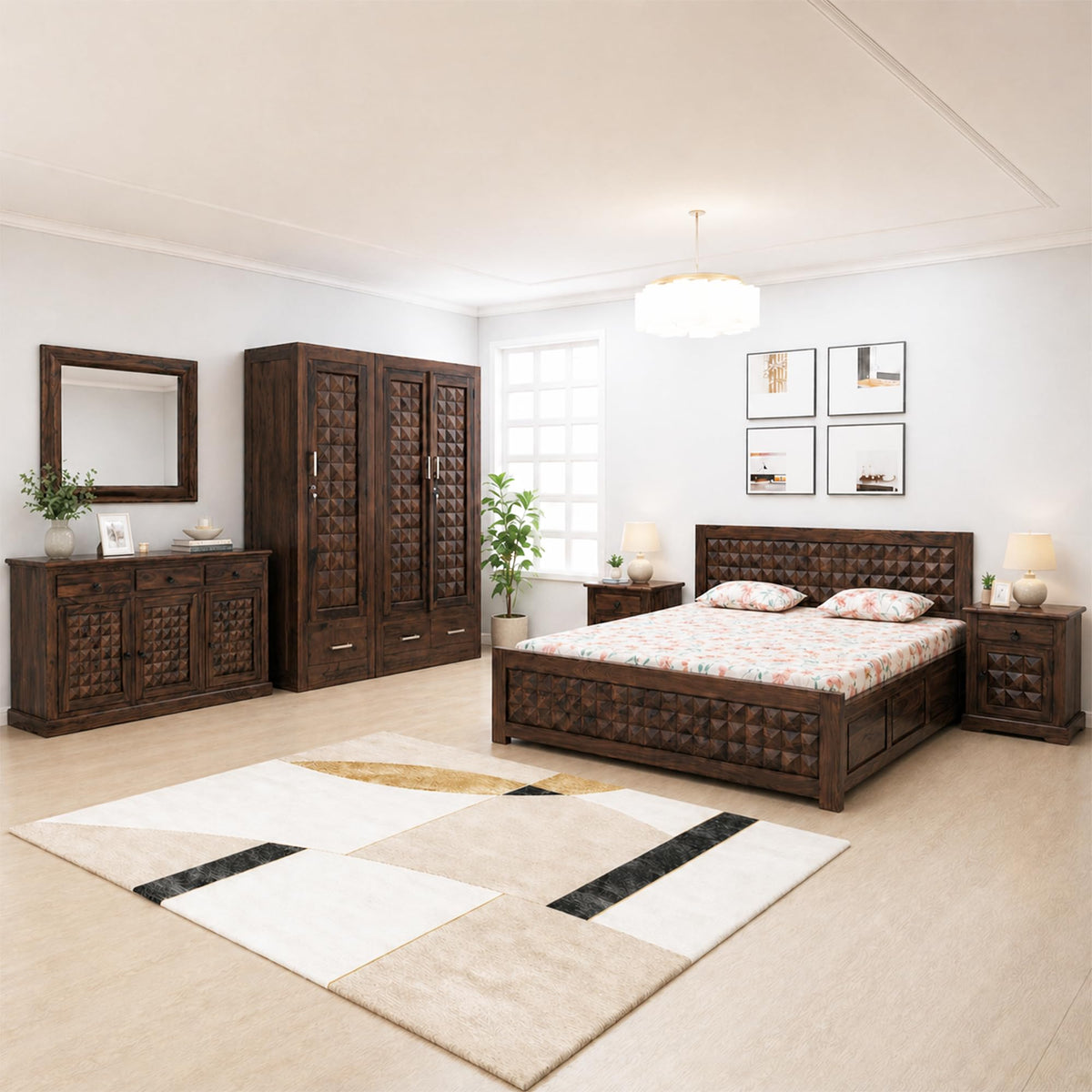 Diamond BBS-W-C-BT-W-K Solid Sheesham Wood Bedroom Furniture Set