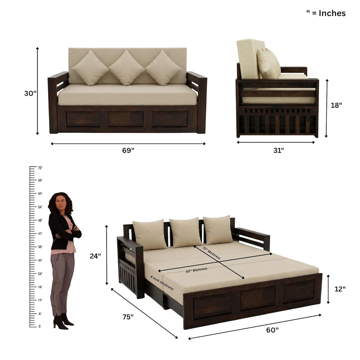 Regal With Bedside Solid Sheesham Wood Sofa Cum Bed in walnut finish - seat cushion close-up