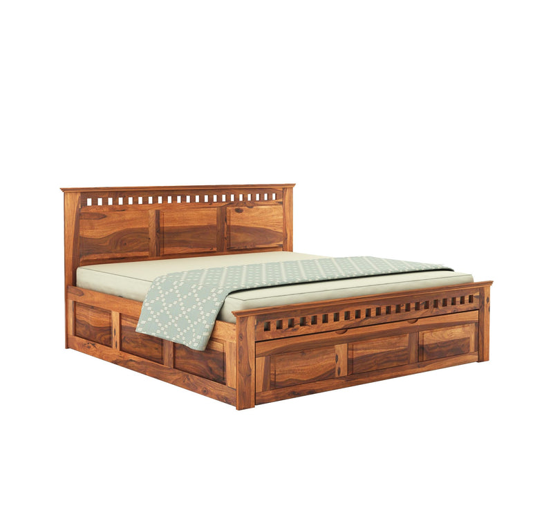 Kuber Solid Sheesham Wood Queen Size Bed with Drawer Storage - Natural Finish