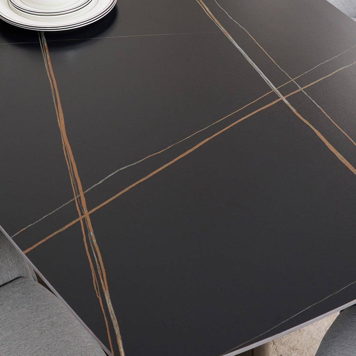 Marble Metal Black Solid Sheesham Wood 6 Seater Dining Table Set