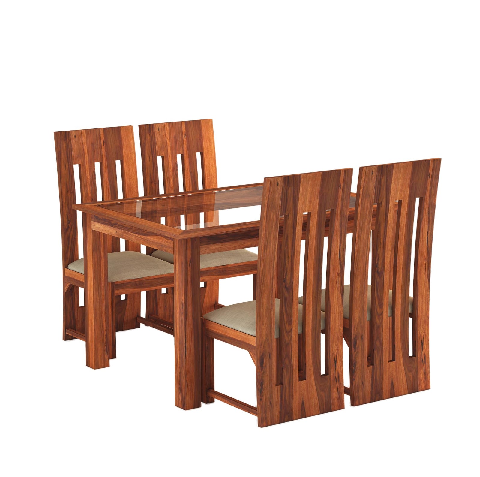 Poster Solid Sheesham Wood Dining Table 4 Seater Dining Table Set with 4 Cushion Chairs & Glass Top - Natural Finish