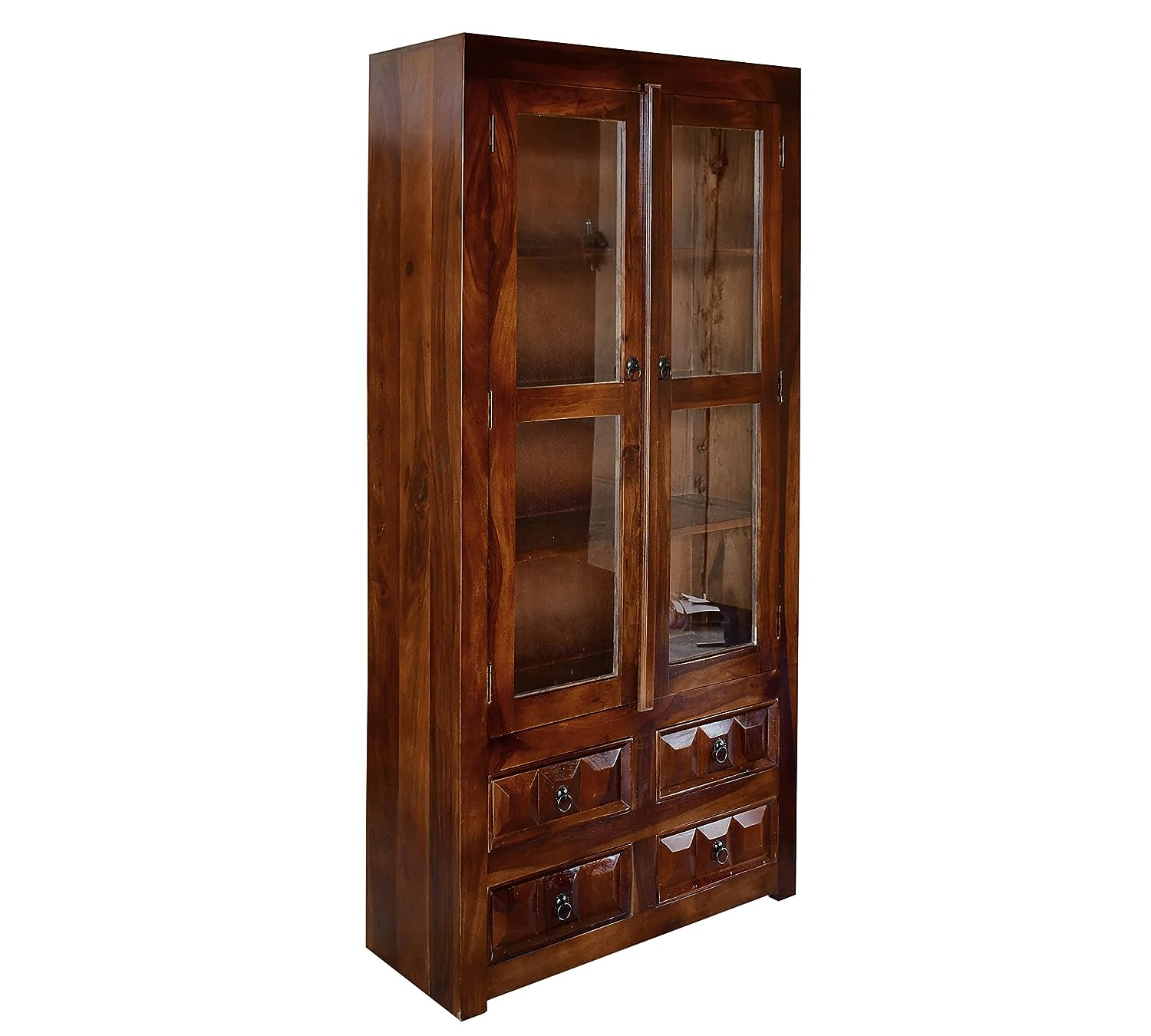 Diamond Wooden Book Shelf with Glass Rack and Drawer Storage - Natural Finish