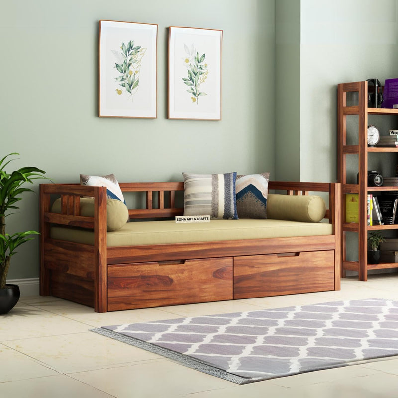 with Pillow Solid Sheesham Wood Sofa Cum Diwan - Walnut Finish