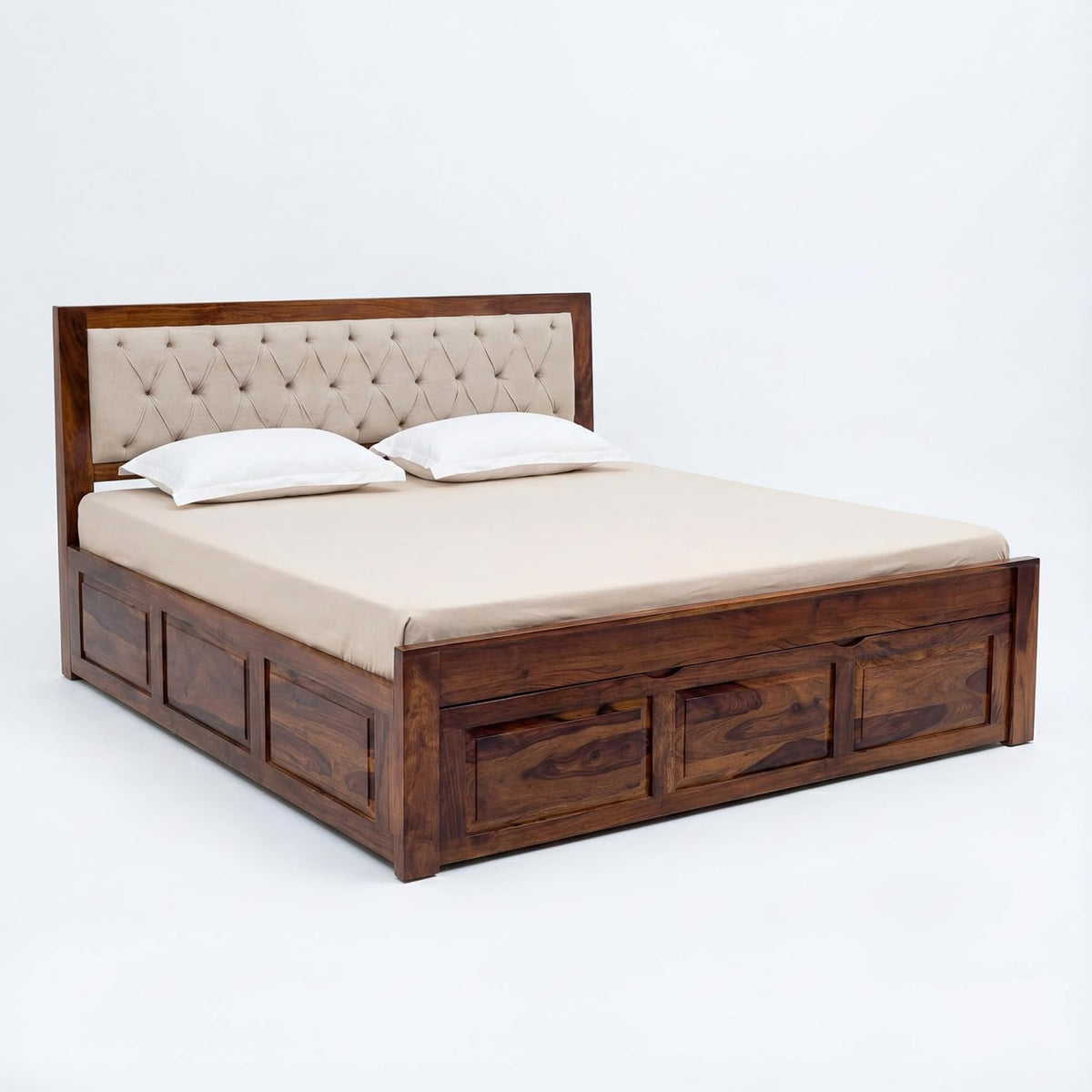 Zeus Solid Sheesham Wood King Size Bed with Drawer Storage in natural finish - styled in a bedroom