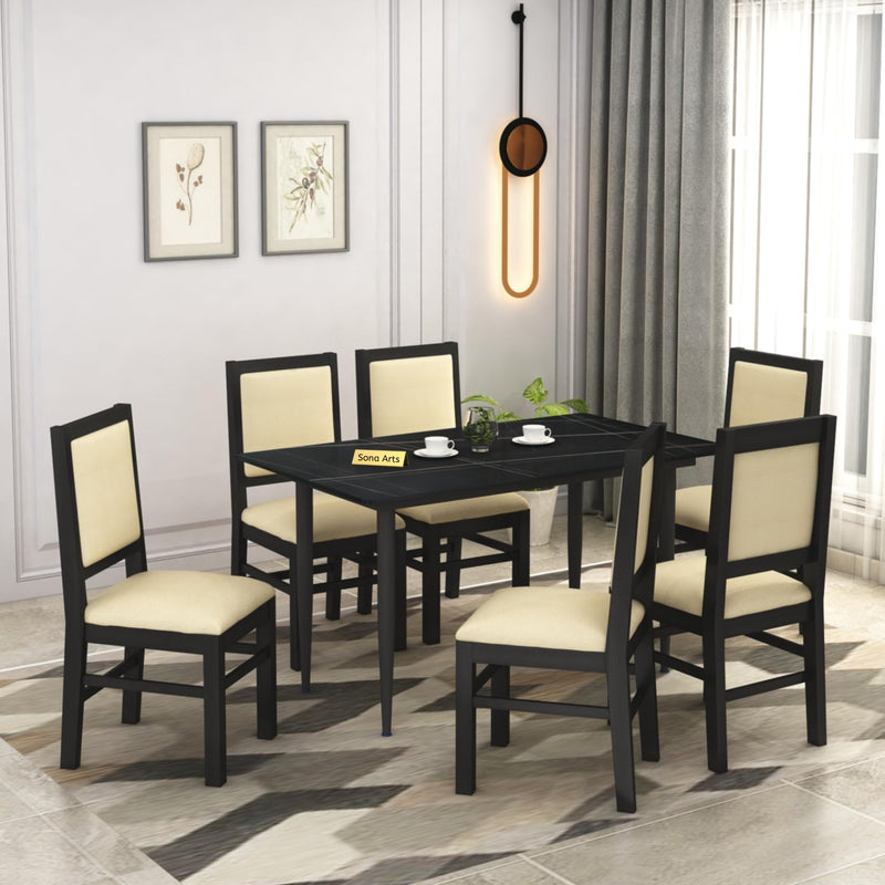 Marble Metal Black Solid Sheesham Wood 6 Seater Dining Table Set