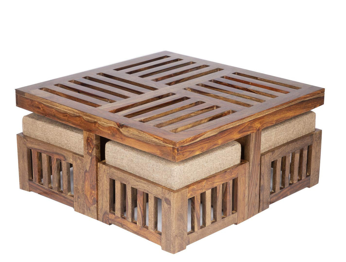 Japani Jali Stool Jali Cushion Natural Solid Sheesham Wood Coffee Table - close-up of the natural finish and wood grain