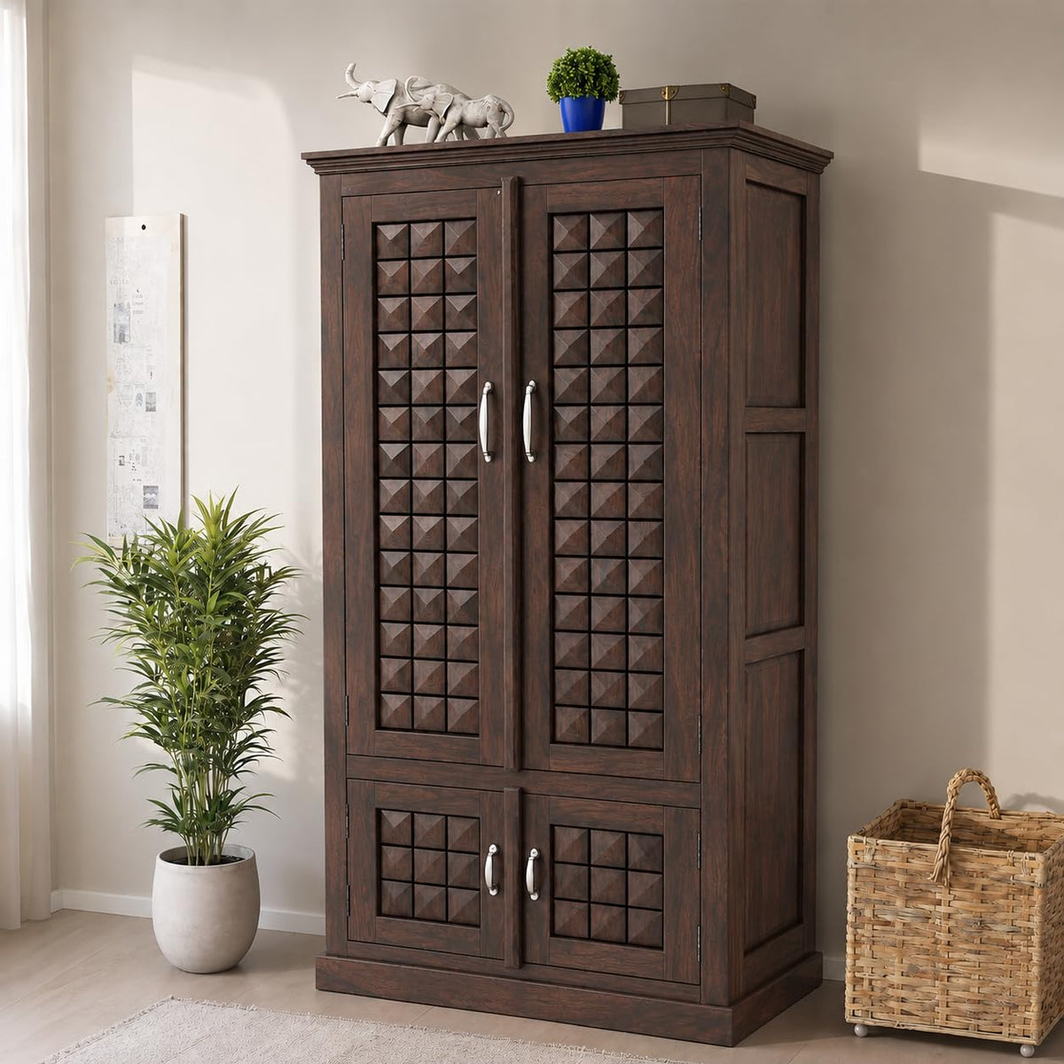 Diamond Solid Sheesham Wood 2 Door Wardrobe with Two Mini Door - Walnut Finish