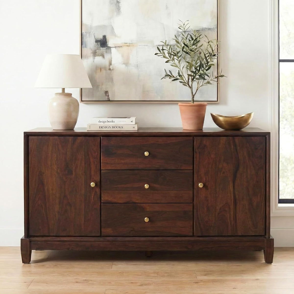 Oaklyn Sheesham Wood Stand Sideboard TV Cabinet for Living Room - Walnut Finish