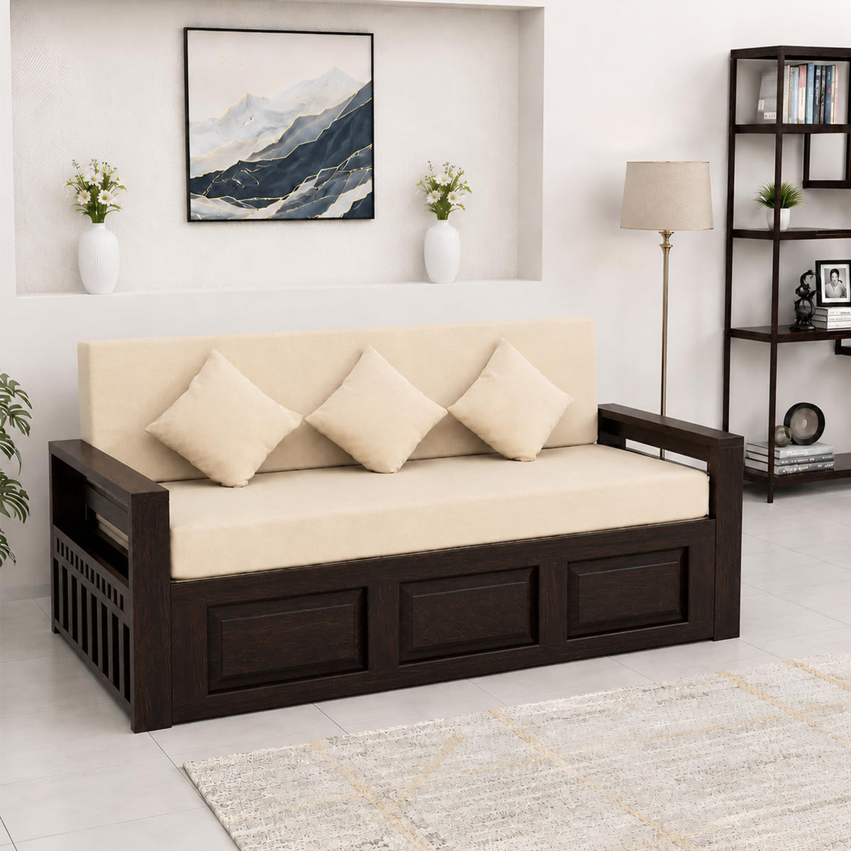 Regal Solid Sheesham Wood Sofa Cum Bed in walnut finish - side angle view