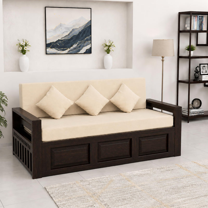 Regal Solid Sheesham Wood Sofa Cum Bed - Walnut Finish