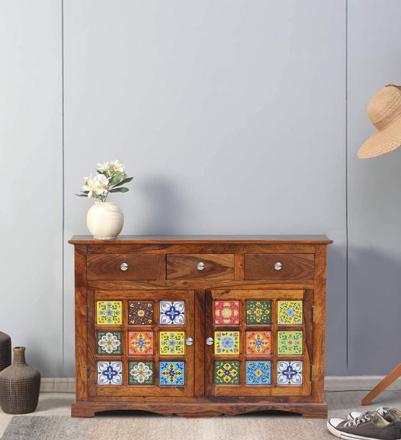 Mini Tile Wooden Sideboard Tv Cabinet for Living Room - Natural Finish