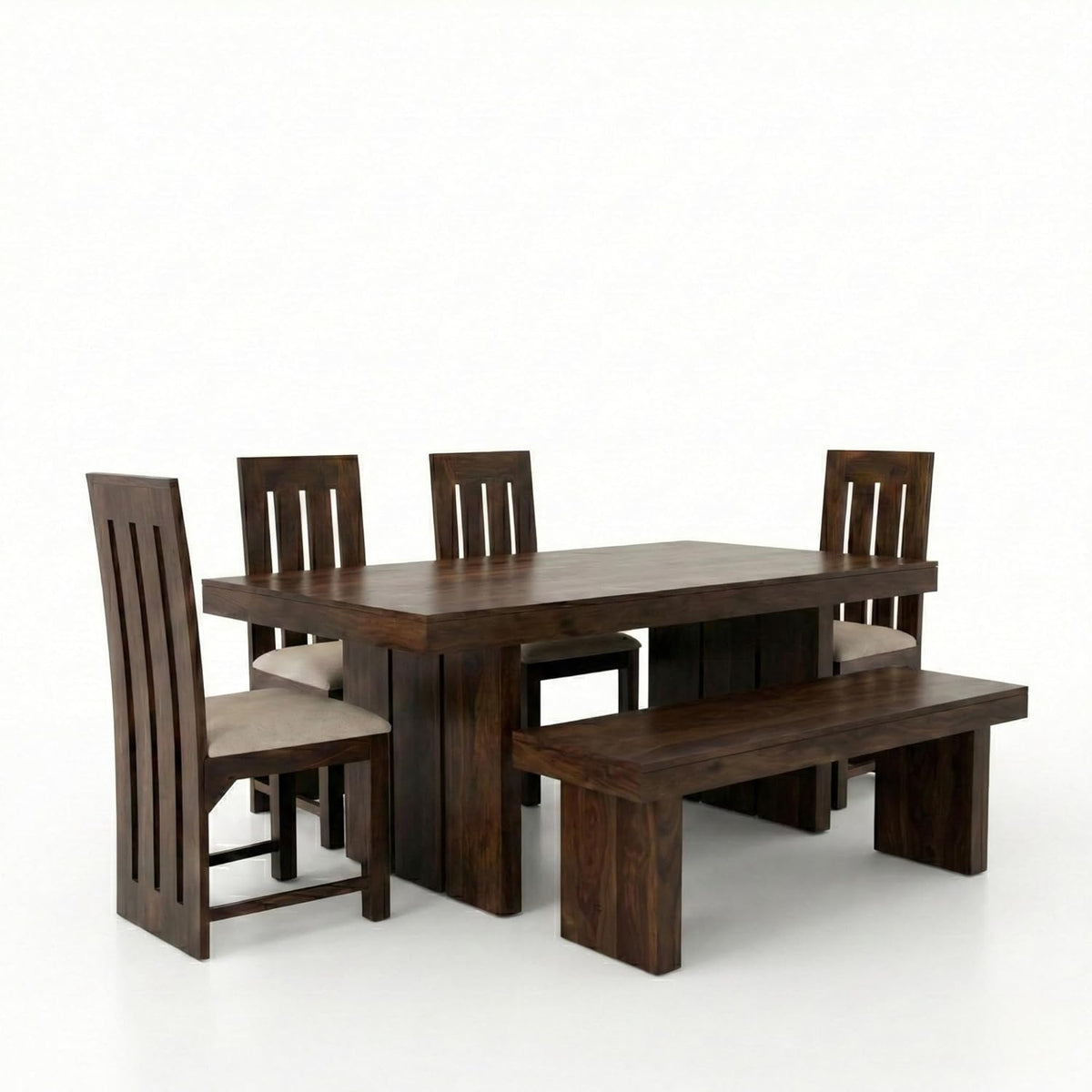 Wooden Dining Table Set 6 Seater 1 Bench with Cushion Chair Finish - Walnut