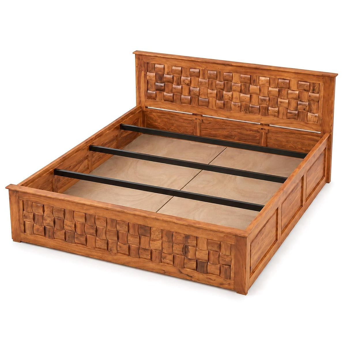 Niwar Solid Sheesham Wood Queen Size Bed with Box Storage & 2 Bedside Tables in walnut finish - headboard detail