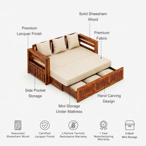 Maharaja With Bedside Solid Sheesham Wood Sofa Cum Bed - Natural Finish