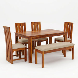 Poster Solid Sheesham Wood 4 Seater Dining Table Set with Bench - Natural Finish | Poster 6 Seater Bench Natural D2