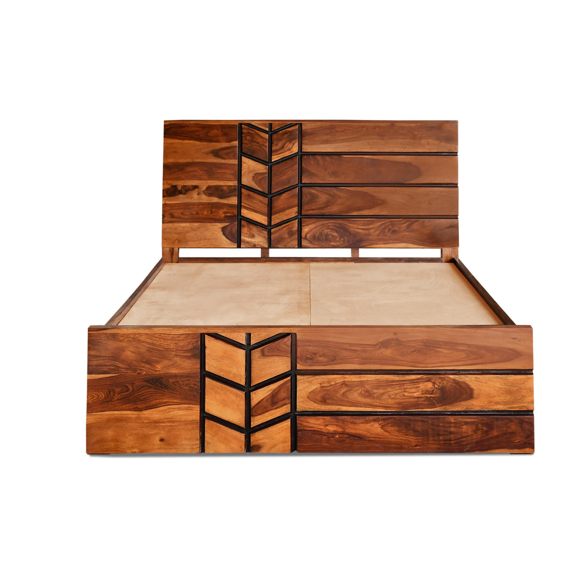 M Solid Sheesham Wood Queen Size Bed with Box Storage in natural finish - alternate view