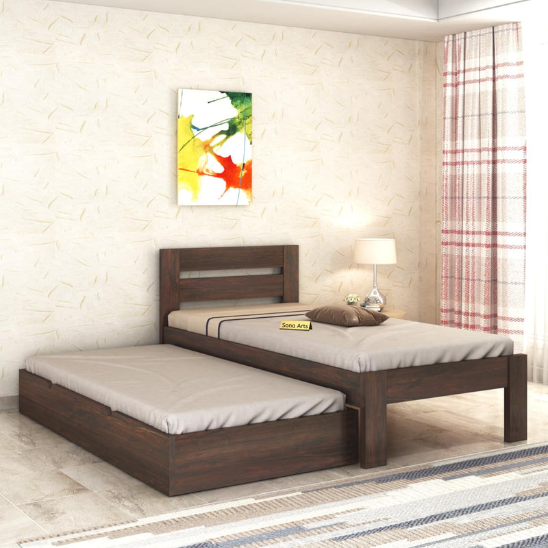 Eros Solid Sheesham Wood Single Size Trundle Bed - Walnut Finish