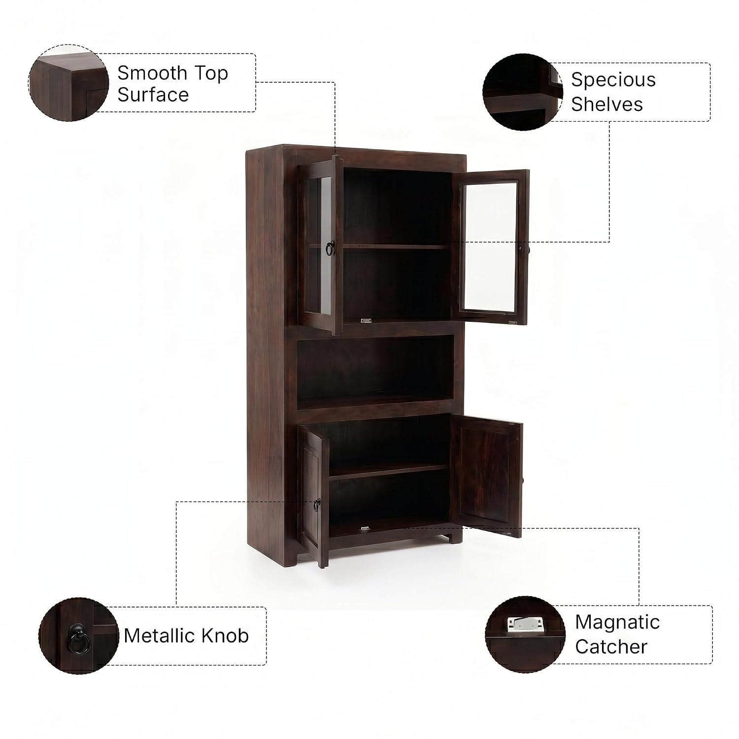 4 Door Sheesham Wood Bookshelf & Crockery Cabinet - Walnut Finish