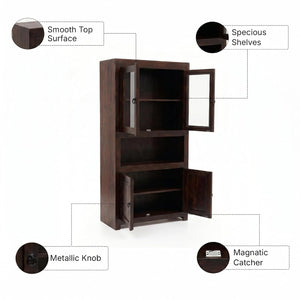 4 Door Sheesham Wood Bookshelf & Crockery Cabinet - Walnut Finish