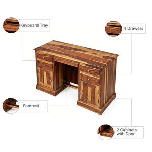 Carmel 2 Door Sheesham Wood Study Table for Students with 4 Drawers & 2 Doors - Natural Finish