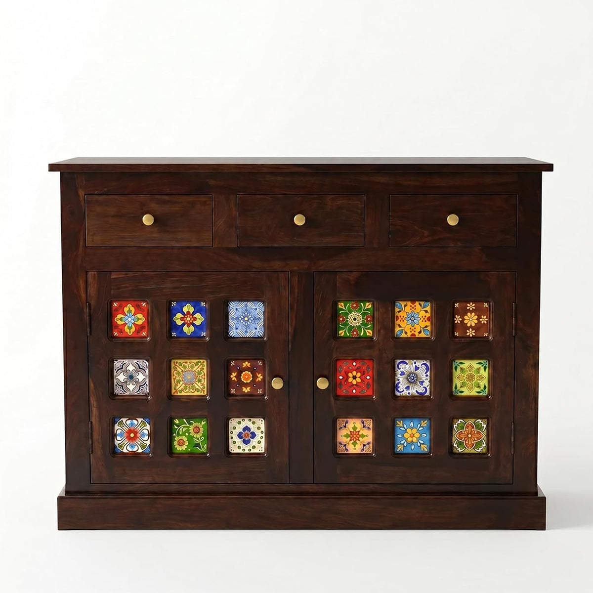 Mini Tile Wooden Sideboard Tv Cabinet for Living Room - Walnut Finish