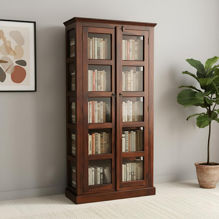 Vista Solid Wood Bookshelf With Glass Door Office & Living Room - Walnut Finish