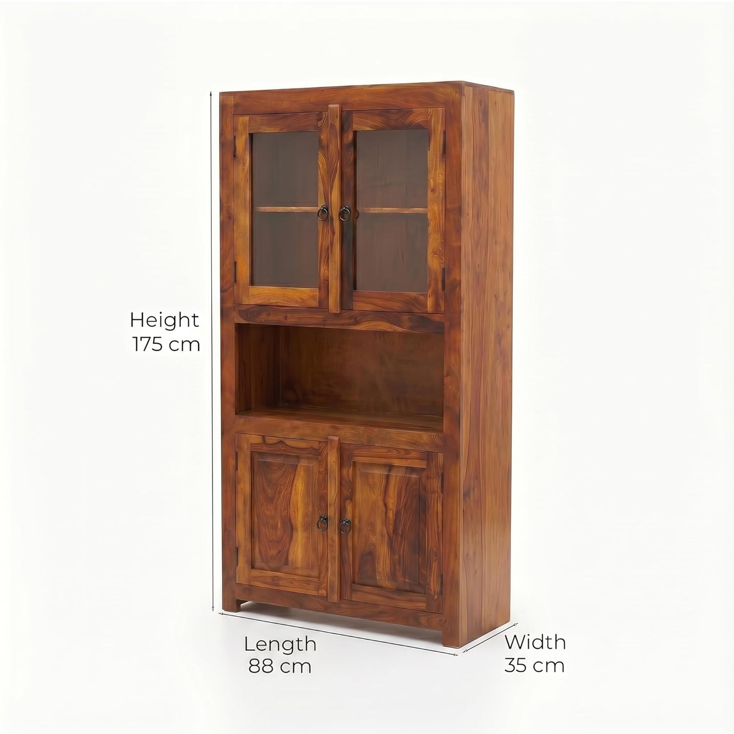 4 Door Sheesham Wood Crockery Cabinet & Book shelf with Glass Door - Natural Finish