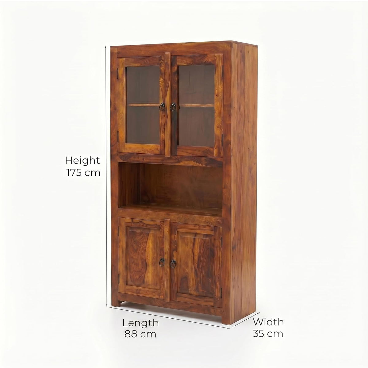 4 Door Sheesham Crockery Cabinet & Book shelf + Glass Door in natural finish - close-up of the natural finish and wood grain