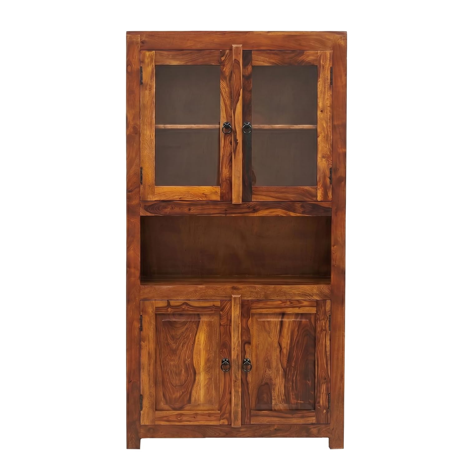 4 Door Sheesham Wood Crockery Cabinet & Book shelf with Glass Door - Natural Finish