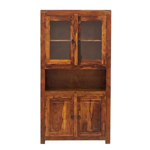 4 Door Sheesham Wood Crockery Cabinet & Book shelf with Glass Door - Natural Finish