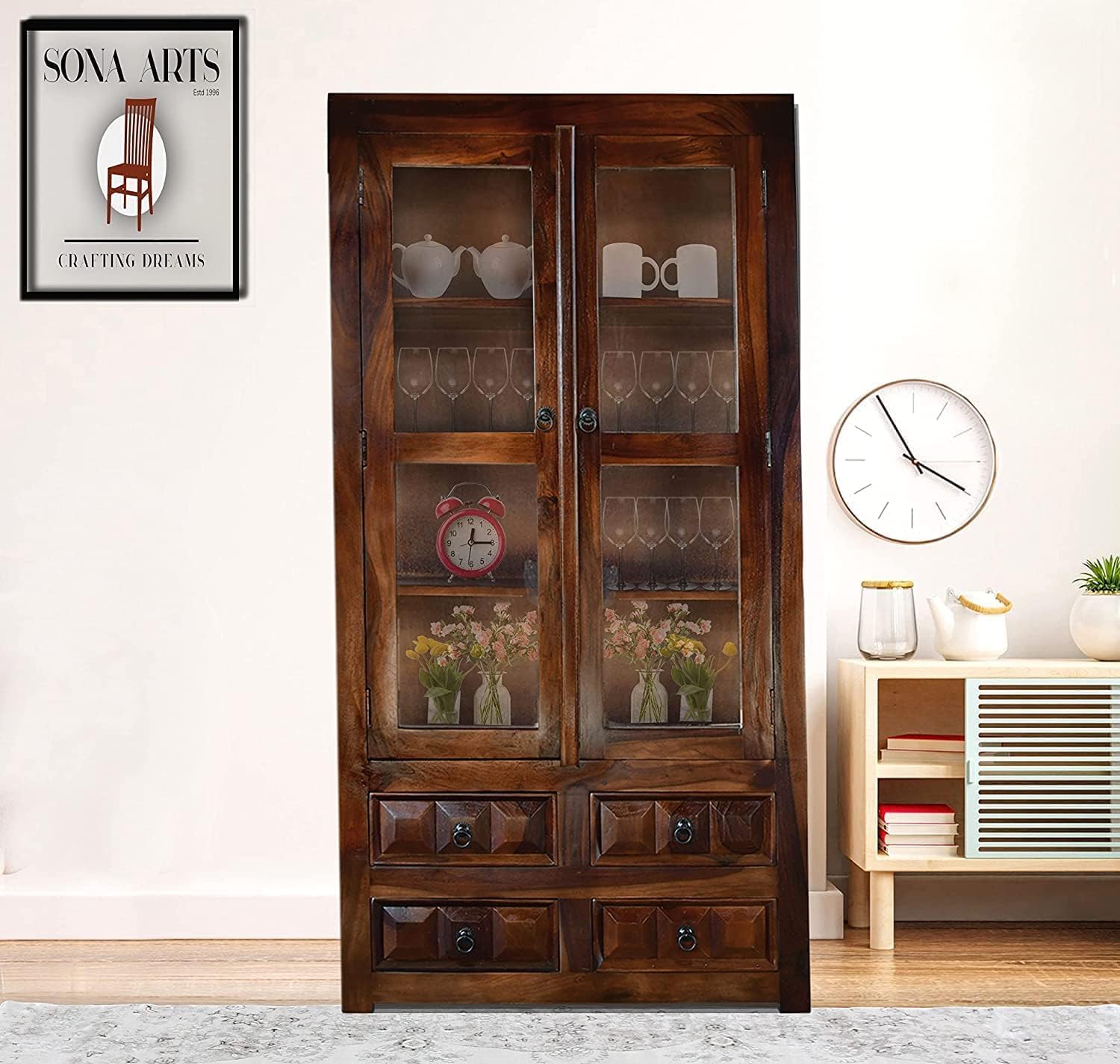 Diamond Wooden Book Shelf with Glass Rack and Drawer Storage - Walnut Finish