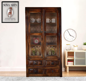 Diamond Wooden Book Shelf with Glass Rack and Drawer Storage - Walnut Finish