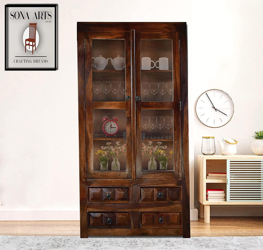 Diamond Wooden Book Shelf with Glass Rack and Drawer Storage - Walnut Finish