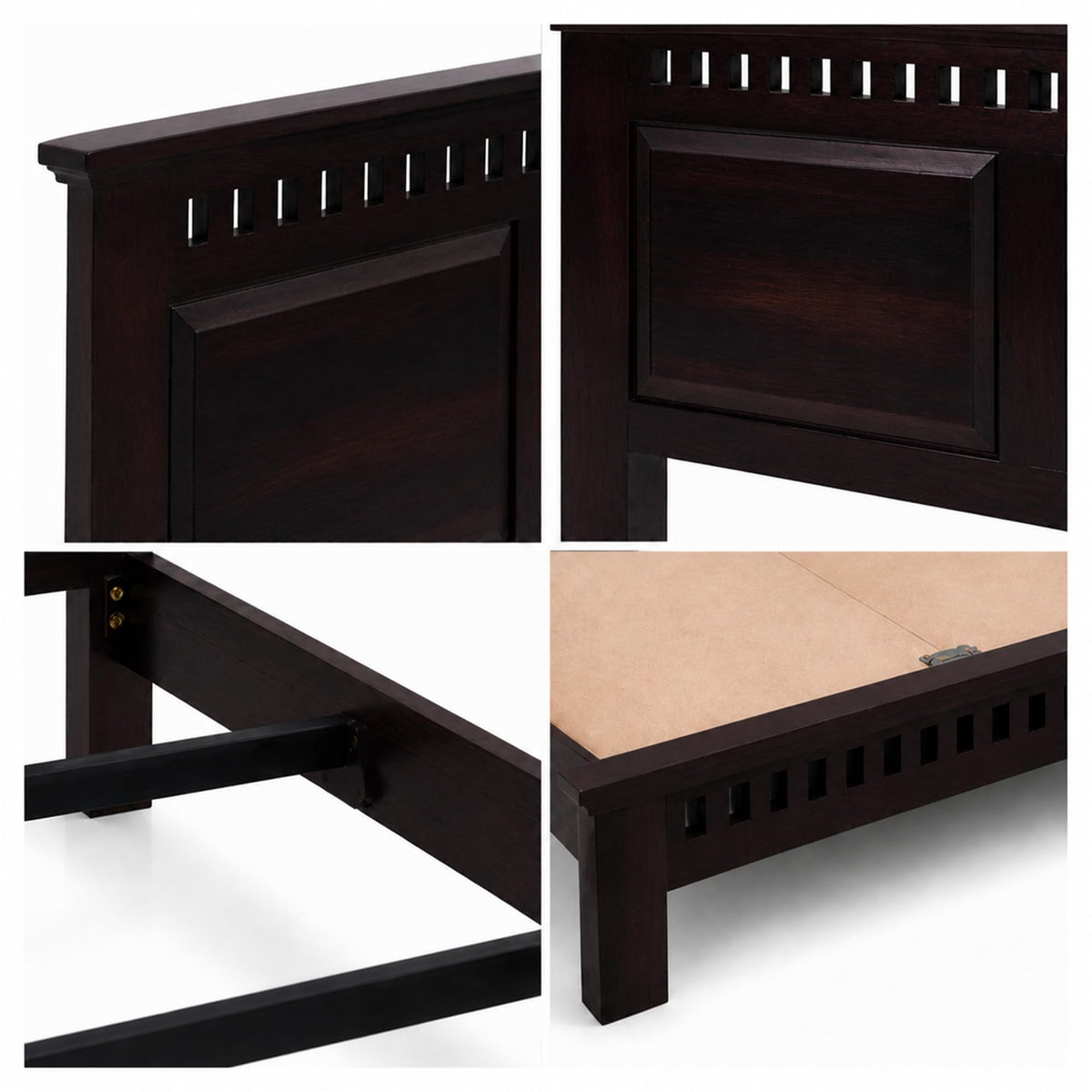 Kuber Platform bed Solid Sheesham Wood King Size Bed without Storage in walnut finish - storage space close-up