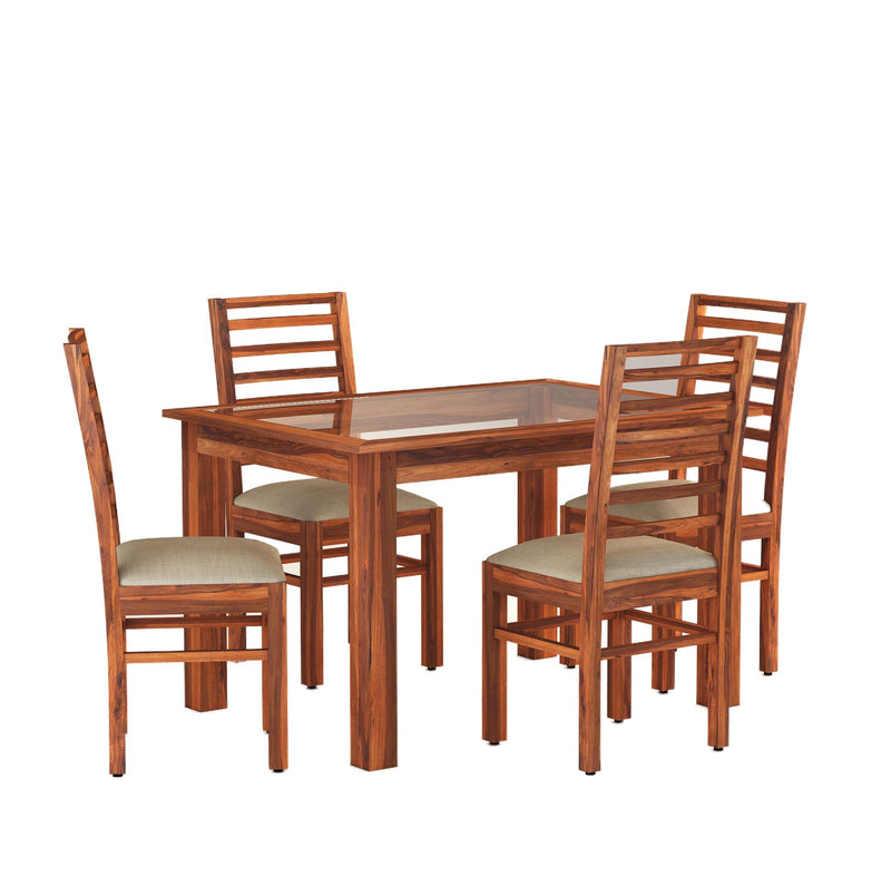 Luxe Solid Sheesham Wood Dining Table 4 Seater Dining Table Set with 4 Cushion Chairs & Glass - Natural Finish
