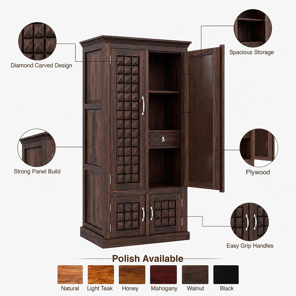 Diamond Solid Sheesham Wood 2 Door Wardrobe with Two Mini Door - Walnut Finish