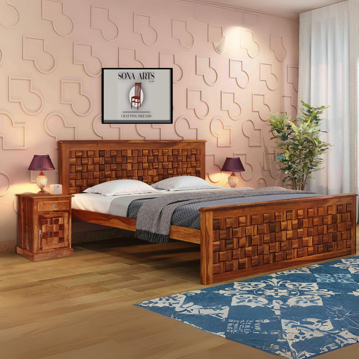 Niwar Solid Sheesham Wood Queen Size Bed without Storage & 2 Bedside Tables in walnut finish