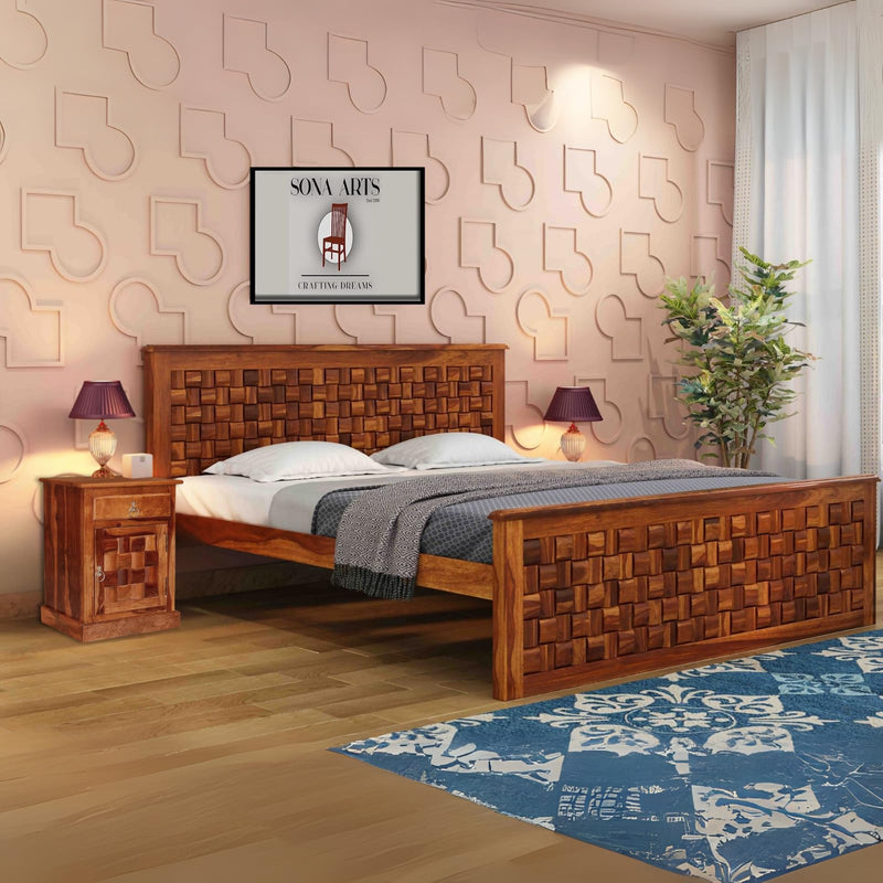 Niwar Solid Sheesham Wood Queen Size Bed without Storage & 2 Bedside Tables - Walnut Finish