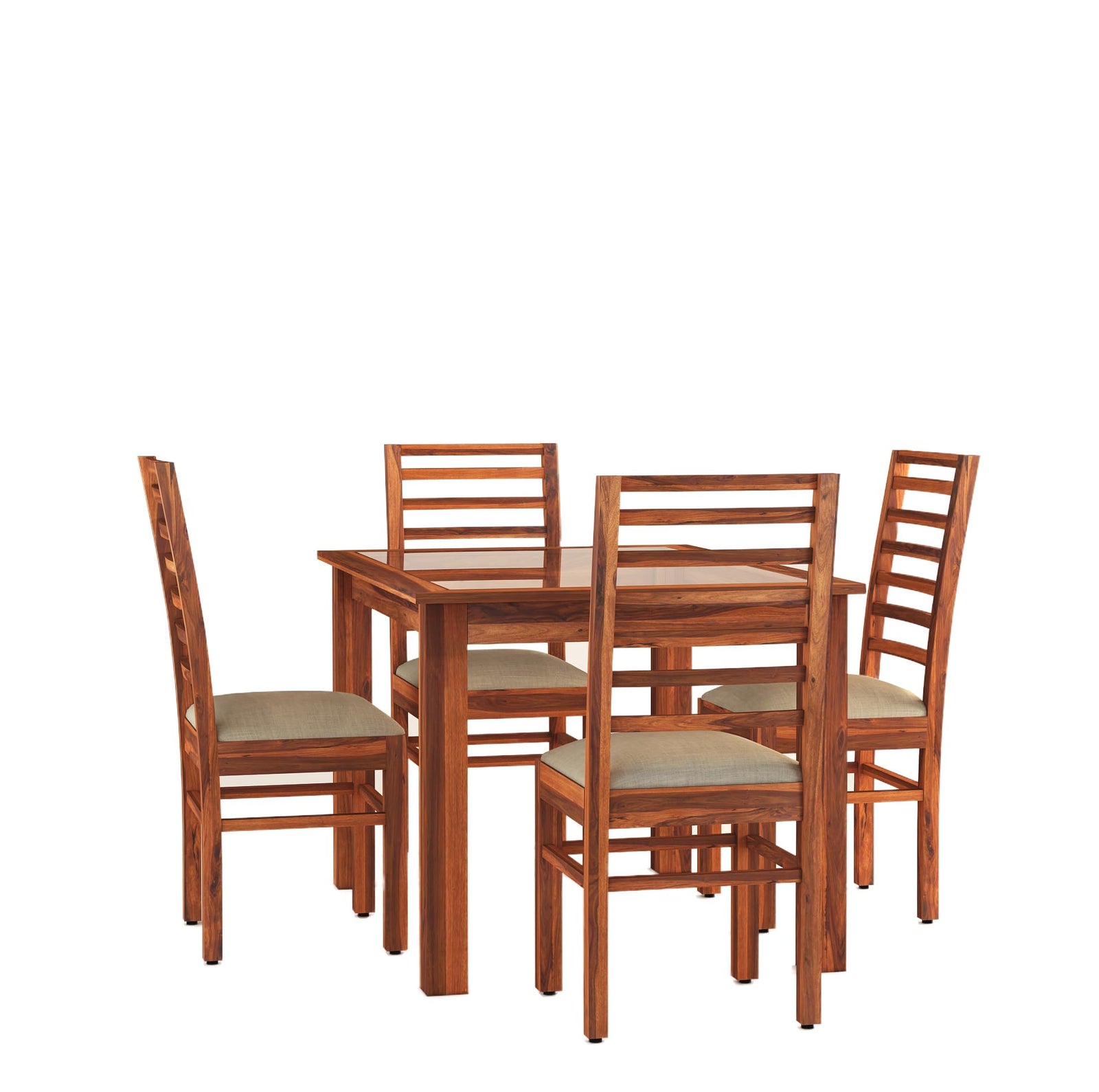 Luxe Solid Sheesham Wood Dining Table 4 Seater Dining Table Set with 4 Cushion Chairs & Glass - Natural Finish