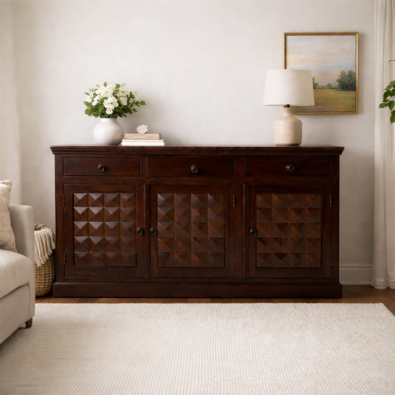 Diamond Solid Sheesham Wood Sideboard Cabinet for Living Room - Walnut Finish