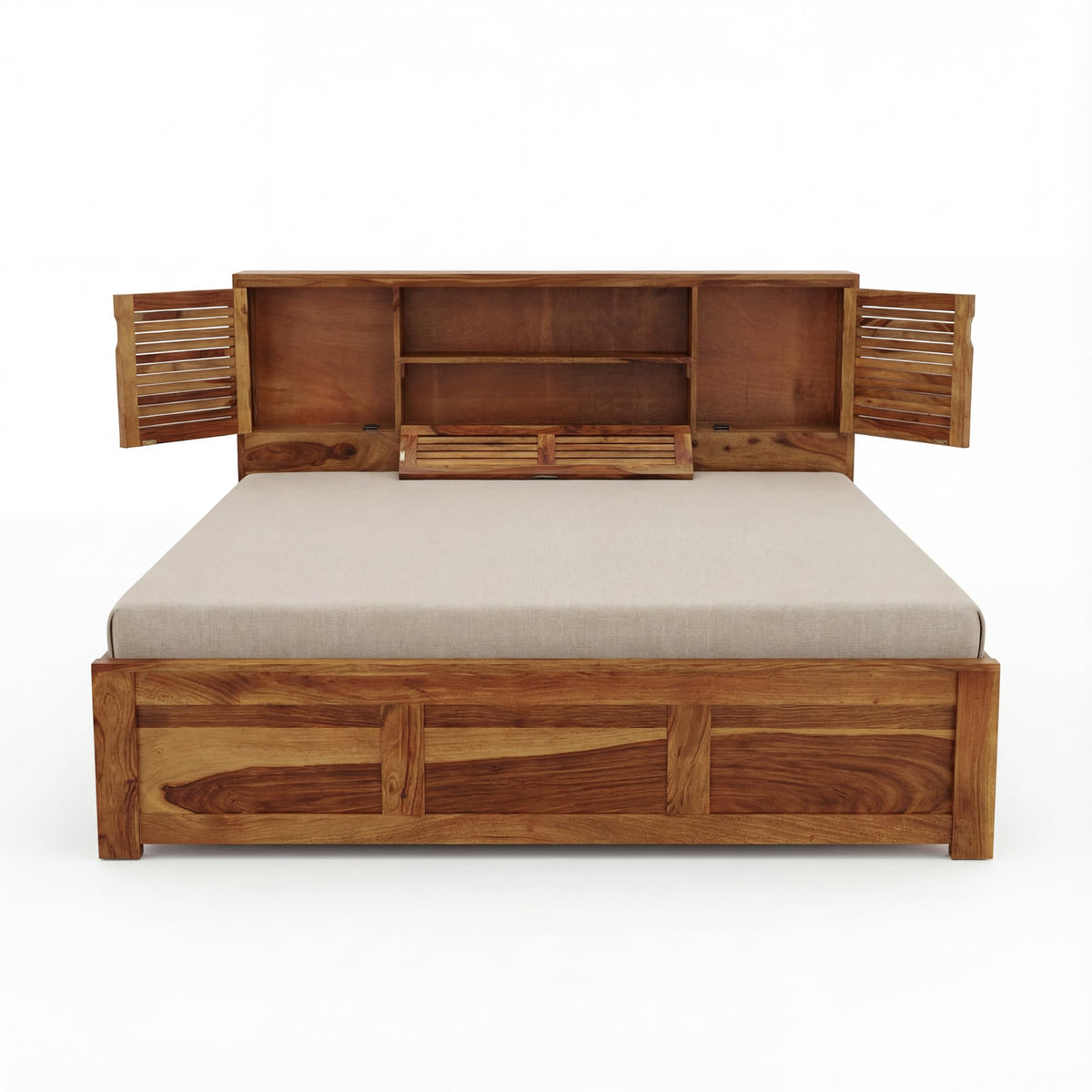 Urban Solid Sheesham Wood King Size Bed with Box Storage & 2 Bedside Tables in natural finish - corner angle view