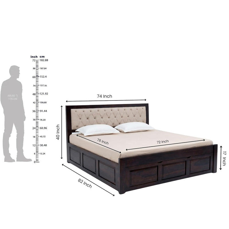 Zeus Solid Sheesham Wood King Size Bed with Drawer Storage - Walnut Finish