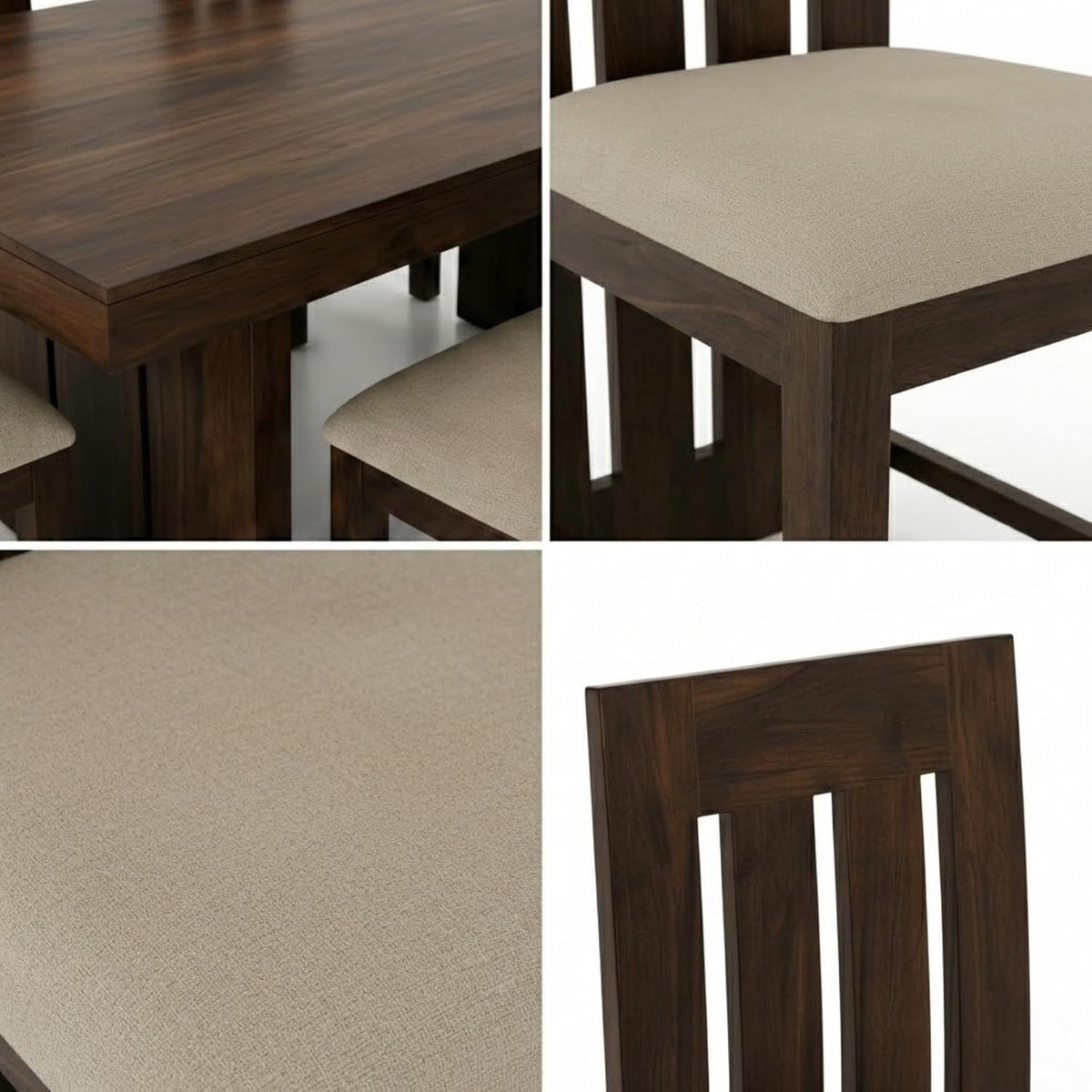 Wooden Dining Table Set 6 Seater 1 Bench with Cushion Chair in walnut finish - corner angle view