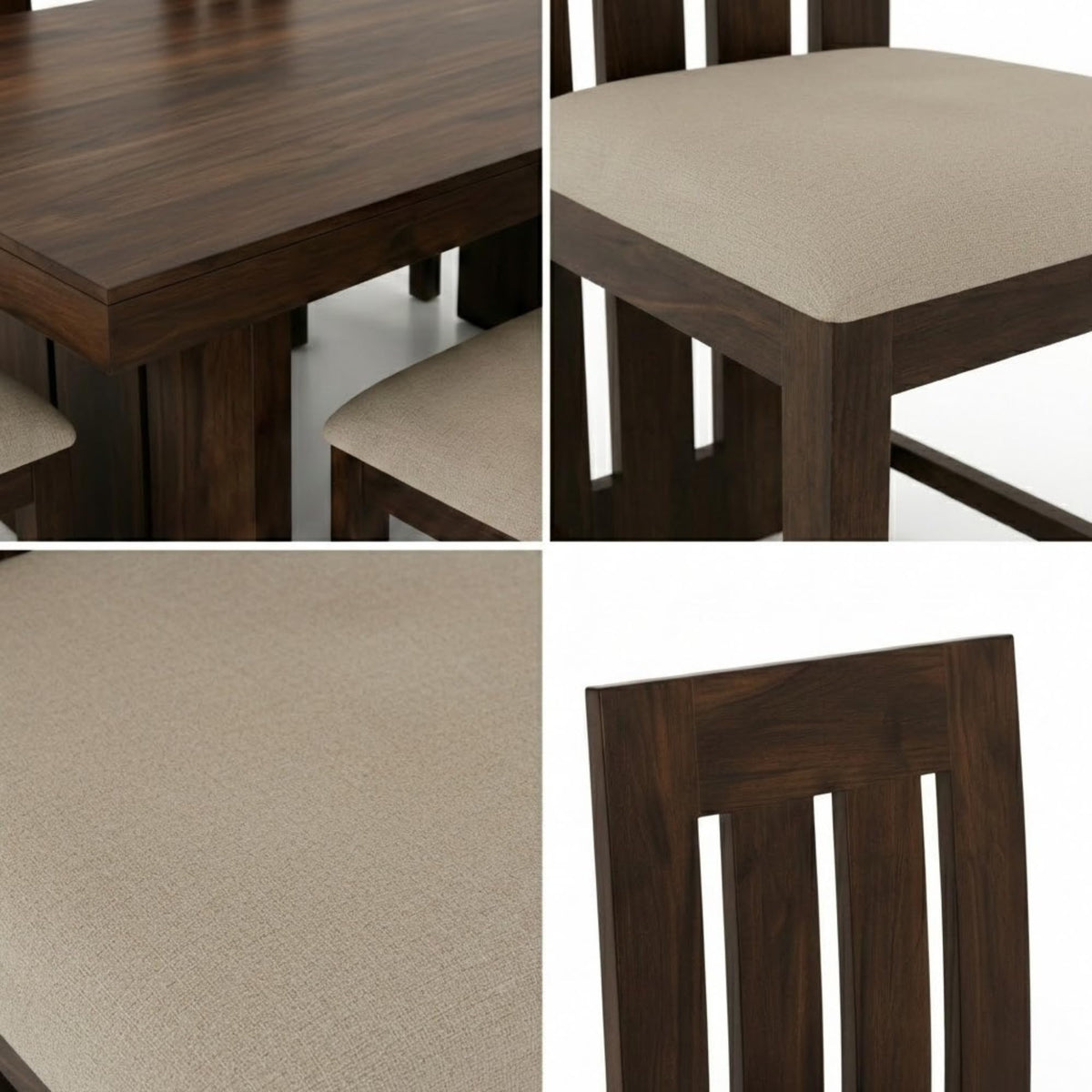 Poster Cushion Beige Solid Sheesham Wood 4 Seater Dining Table Set in walnut finish - table top close-up
