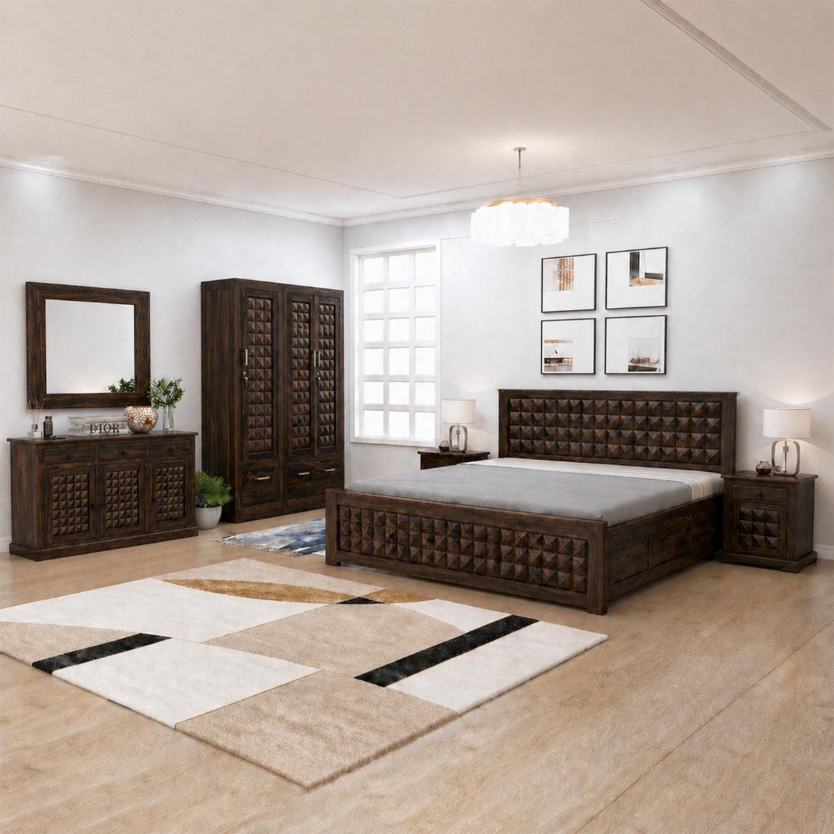 Diamond BBS-W-C-BT-W-Q Solid Sheesham Wood Bedroom Furniture Set